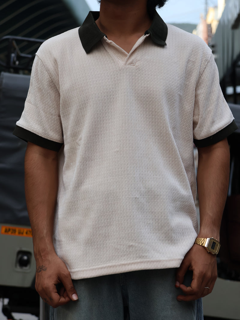 Textured Contrast Collar Polo T-Shirt
