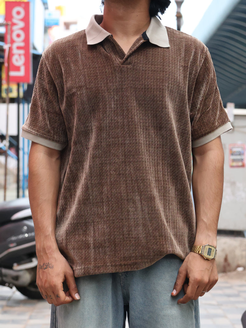 Men’s Textured Contrast Collar Polo Shirt – Brown
