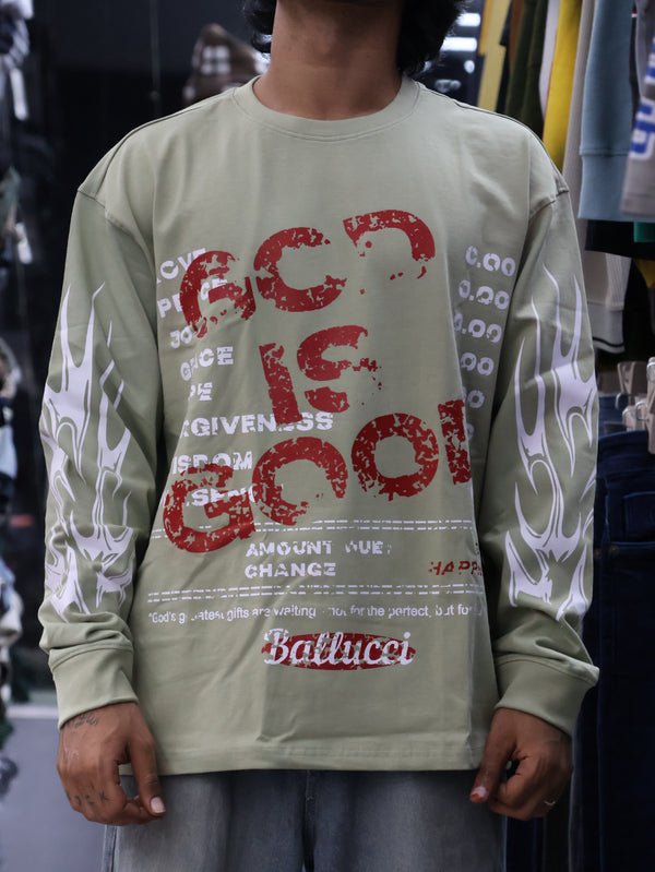 Sage Green Graphic Printed Long-Sleeve T-Shirt