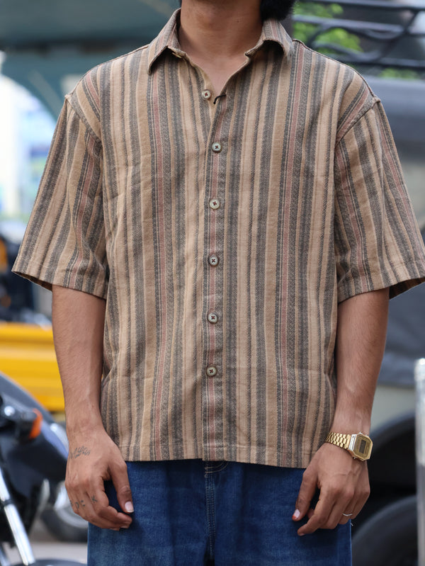 Men’s Beige Multi-Stripe Half-Sleeve Casual Shirt