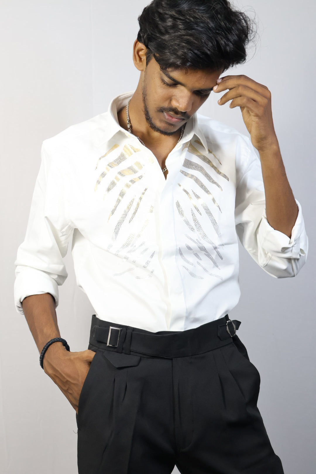 Zebra Stripe Embellished White Shirt & Black Trousers Set