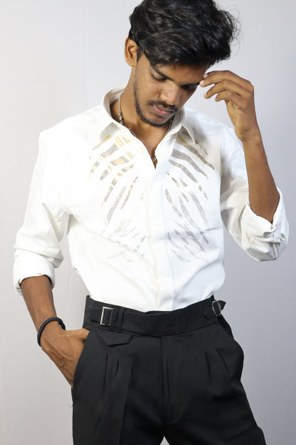 Zebra Stripe Embellished White Shirt & Black Trousers Set