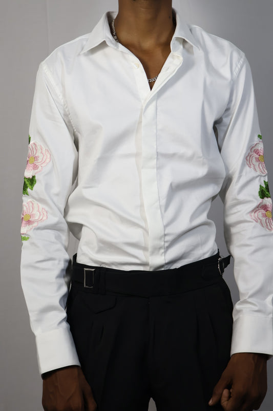 Floral Embroidered White Shirt & Black Trousers Set