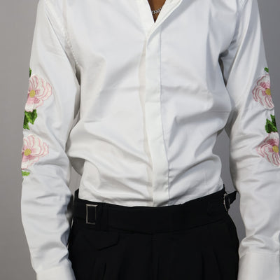 Floral Embroidered White Shirt & Black Trousers Set