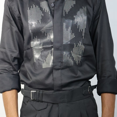 Abstract Sequin-Embellished Black Shirt & Trousers Set