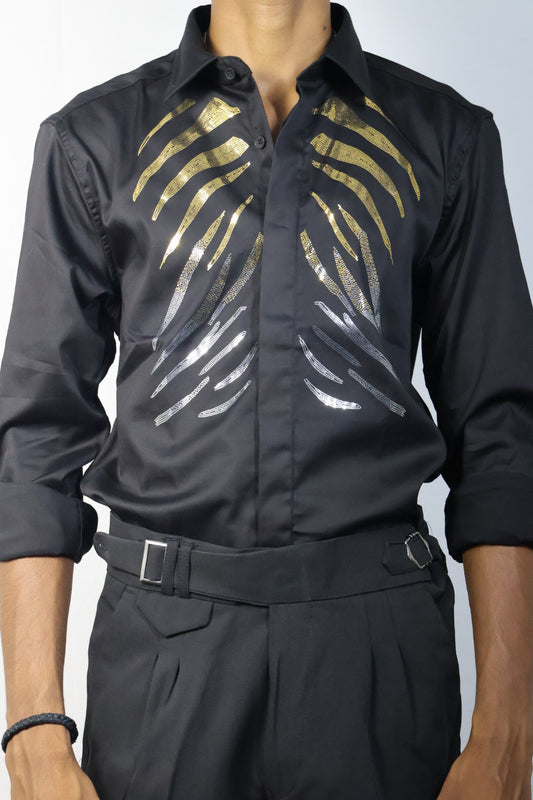Tiger Stripe Embellished Black Shirt & Trousers Set