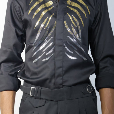Tiger Stripe Embellished Black Shirt & Trousers Set