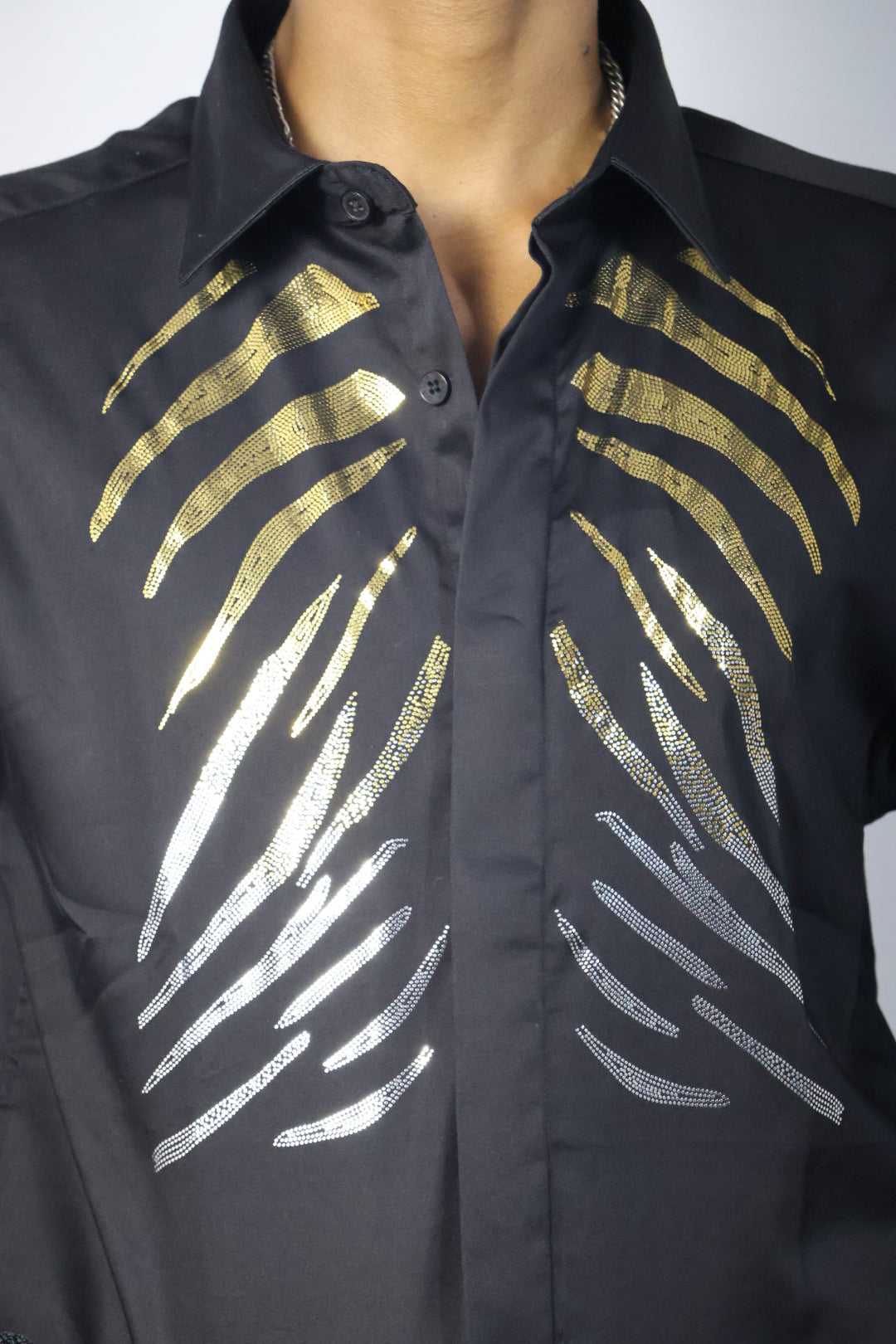 Tiger Stripe Embellished Black Shirt & Trousers Set