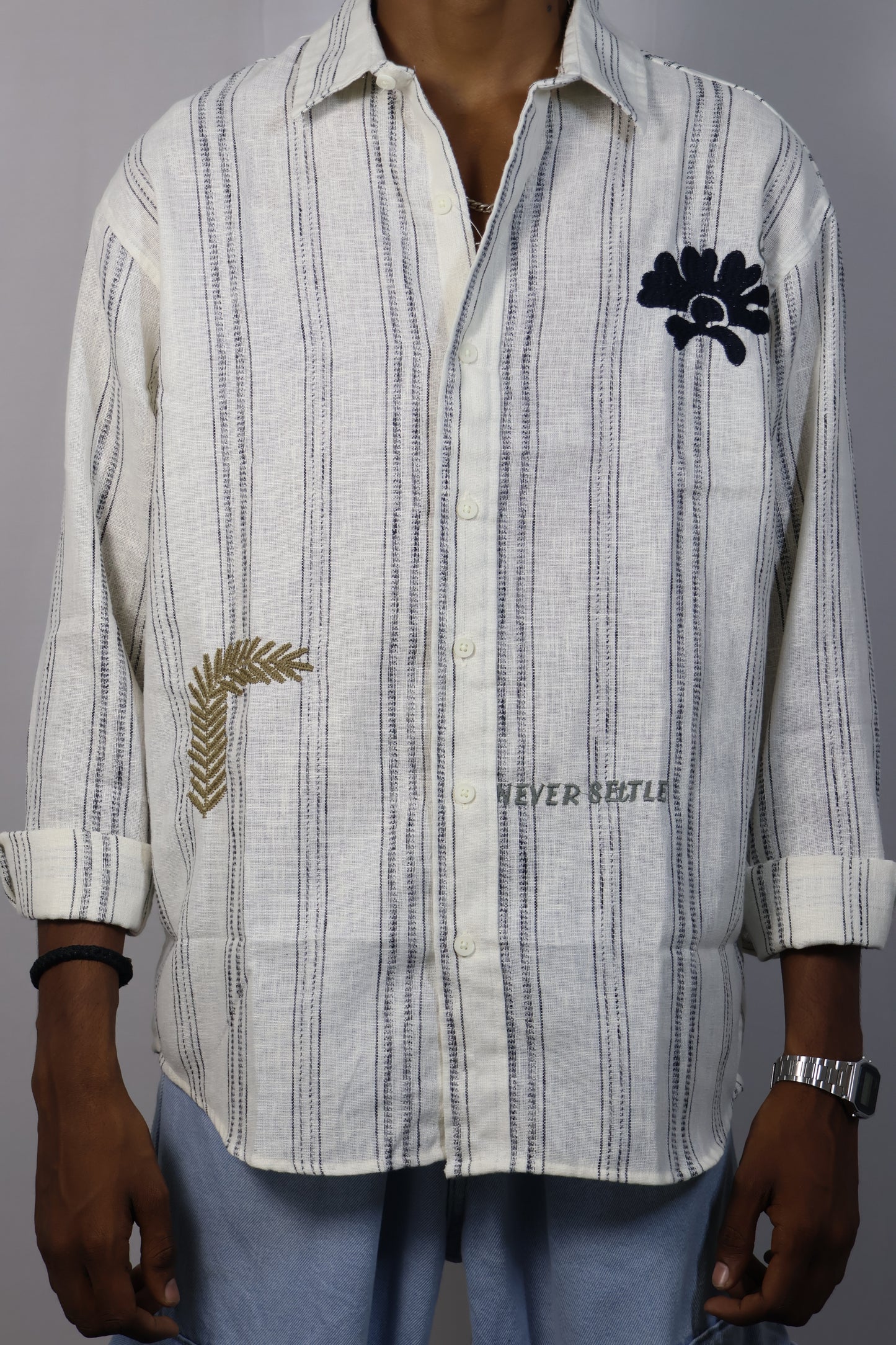 Men’s Hand-Embroidered Striped Cotton Shirt - “Never Settle” Edition