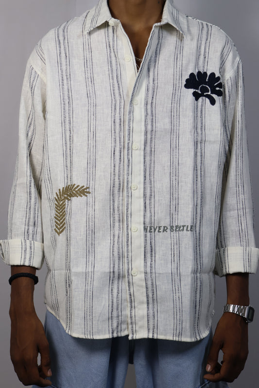 Men’s Hand-Embroidered Striped Cotton Shirt - “Never Settle” Edition