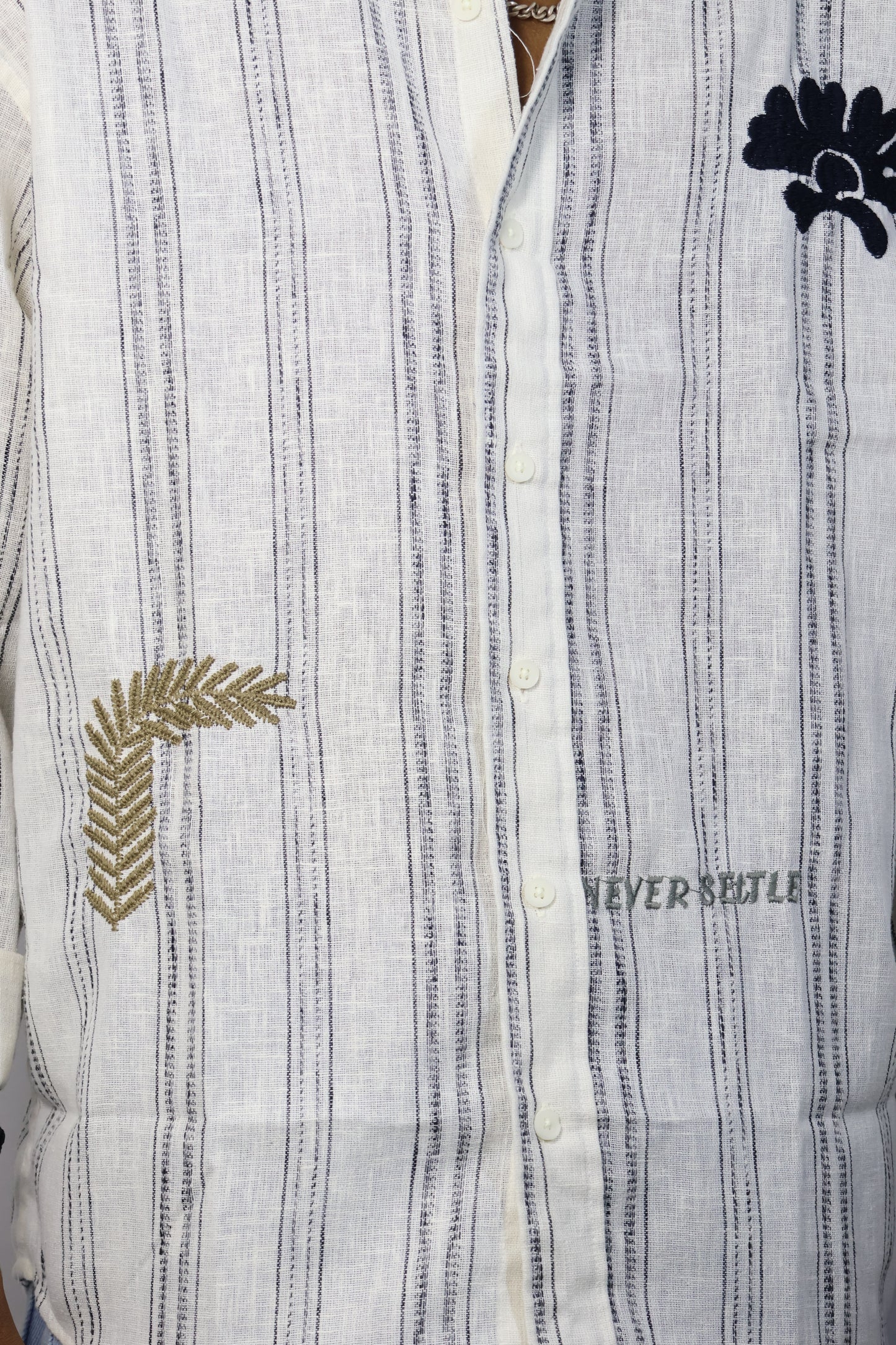 Men’s Hand-Embroidered Striped Cotton Shirt - “Never Settle” Edition