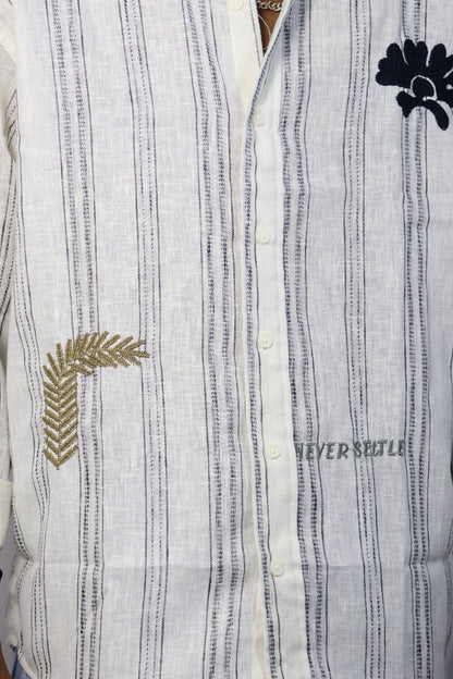 Men’s Hand-Embroidered Striped Cotton Shirt - “Never Settle” Edition