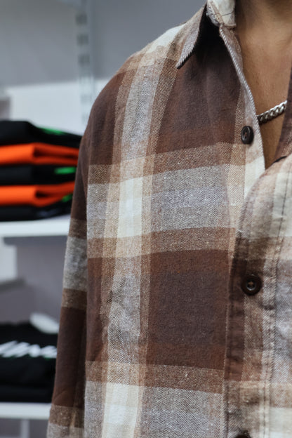 🍂 Brown Checked Flannel Shirt – “New Rose” Embroidered Edition