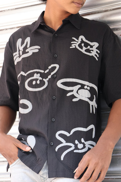 Abstract Print Textured Shirt – Black