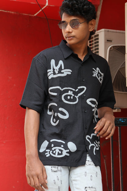 Abstract Print Textured Shirt – Black