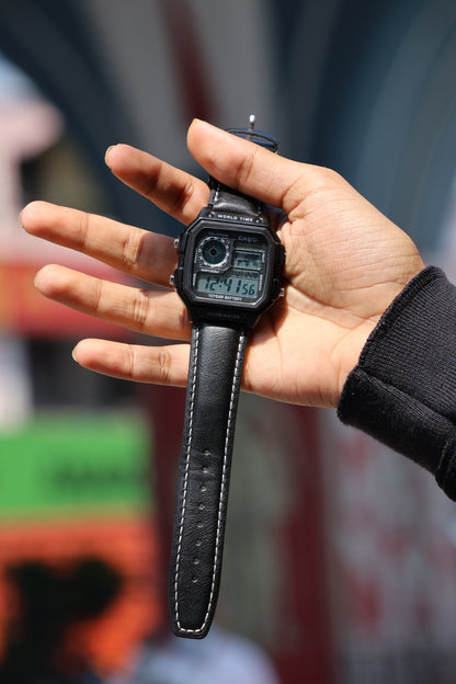 Casio World Time Digital Watch – Black Dial with Leather Strap