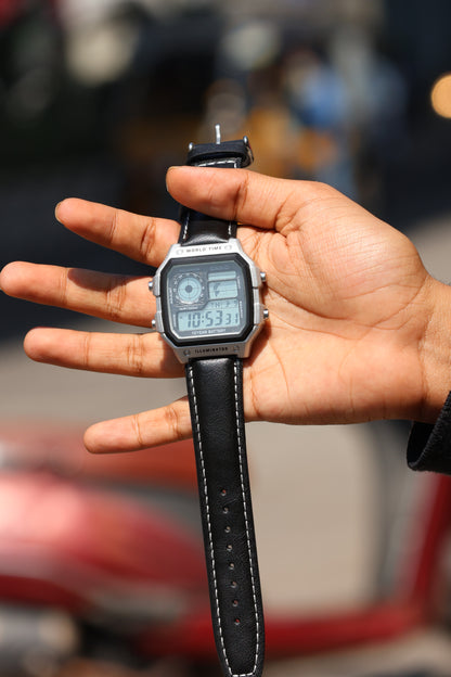 Casio World Time Digital Watch – Silver Case with Black Leather Strap