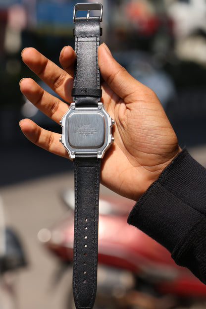 Casio World Time Digital Watch – Silver Case with Black Leather Strap