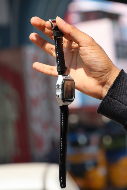 Casio World Time Digital Watch – Silver Case with Black Leather Strap