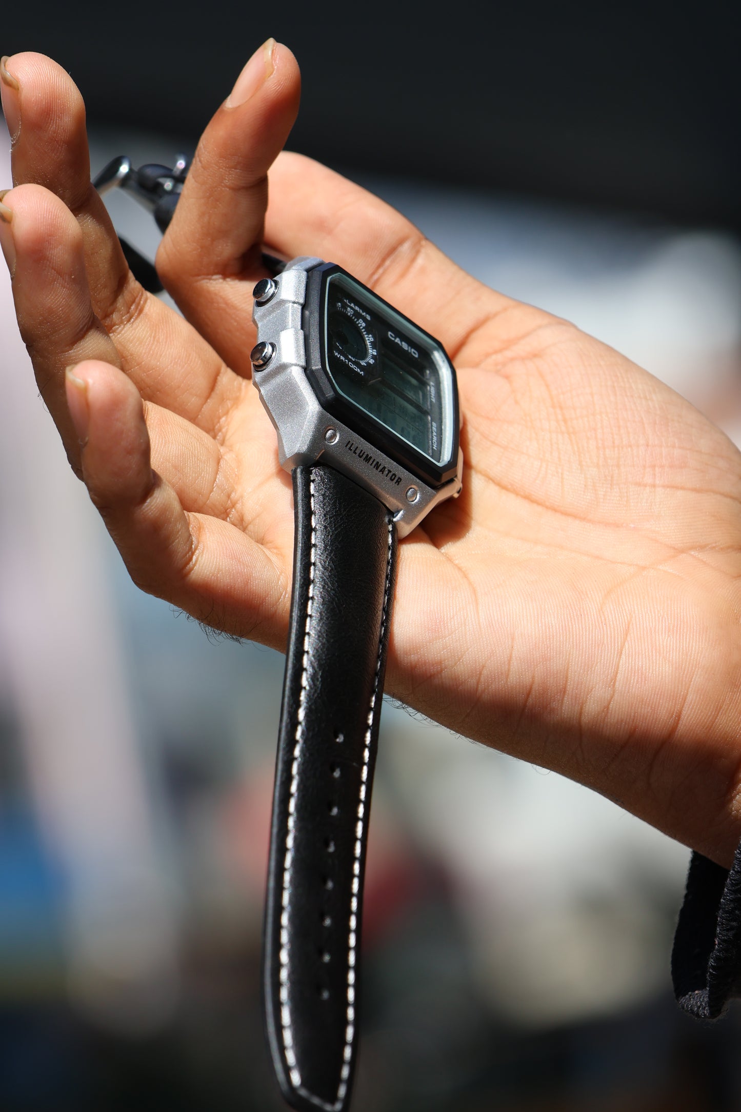 Casio World Time Digital Watch – Silver Case with Black Leather Strap