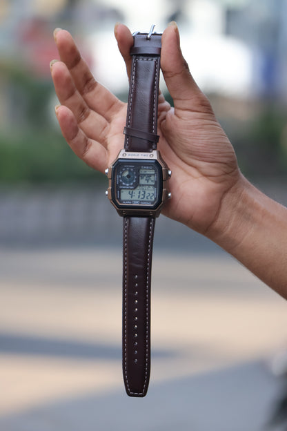 Casio World Time Digital Watch with Leather Strap