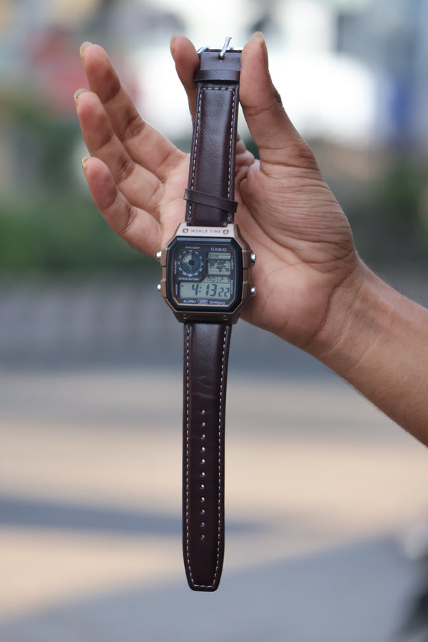 Casio World Time Digital Watch with Leather Strap