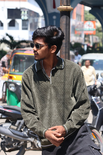 Olive Textured Polo Sweatshirt – Premium Casual Fit