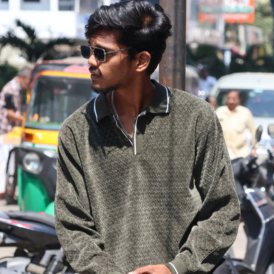 Olive Textured Polo Sweatshirt – Premium Casual Fit