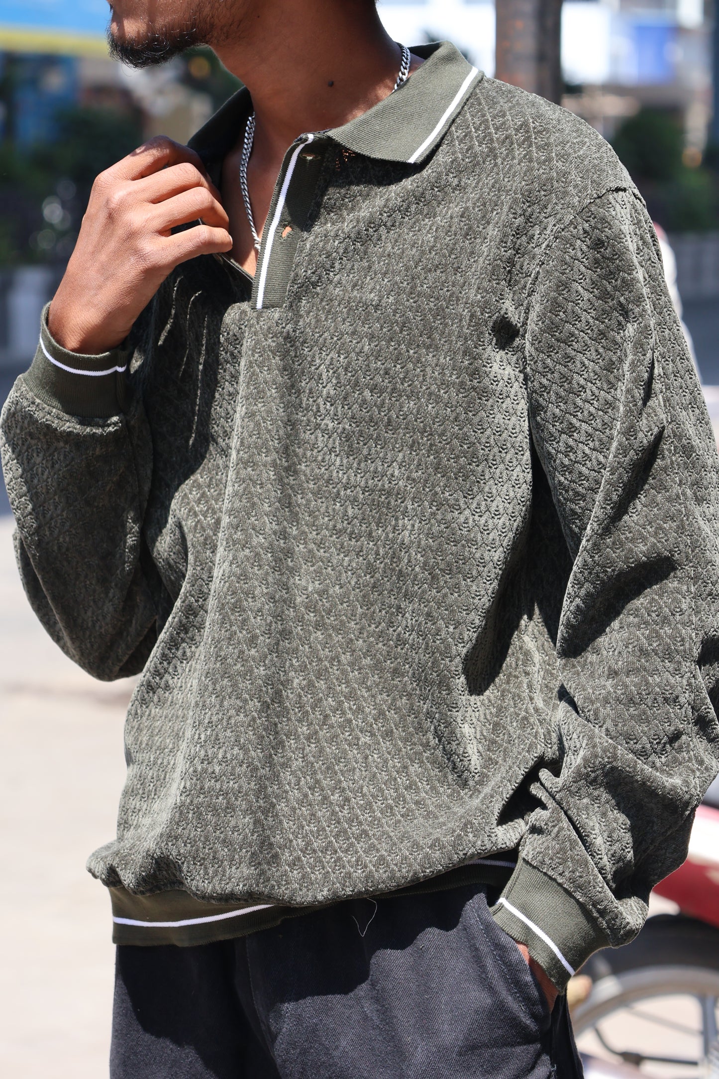 Olive Textured Polo Sweatshirt – Premium Casual Fit