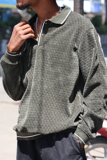 Olive Textured Polo Sweatshirt – Premium Casual Fit