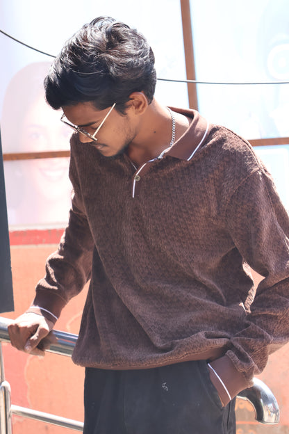 Brown Textured Polo Sweatshirt – Premium Casual Wear