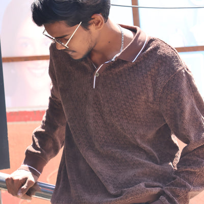 Brown Textured Polo Sweatshirt – Premium Casual Wear