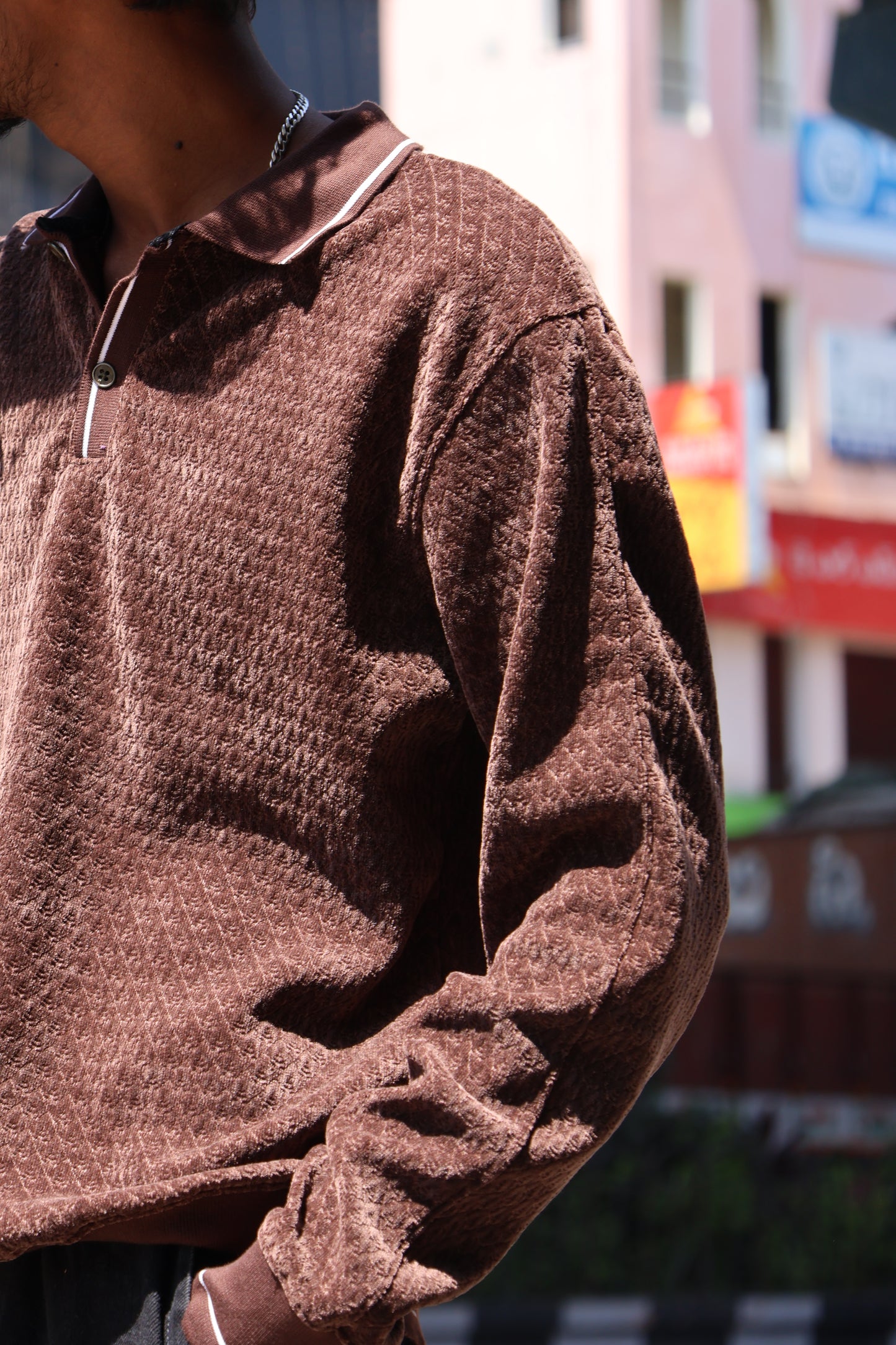 Brown Textured Polo Sweatshirt – Premium Casual Wear