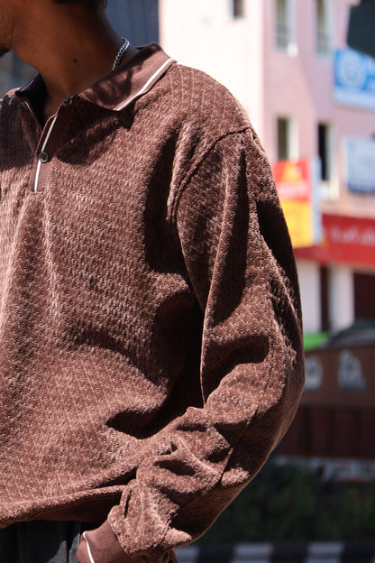 Brown Textured Polo Sweatshirt – Premium Casual Wear