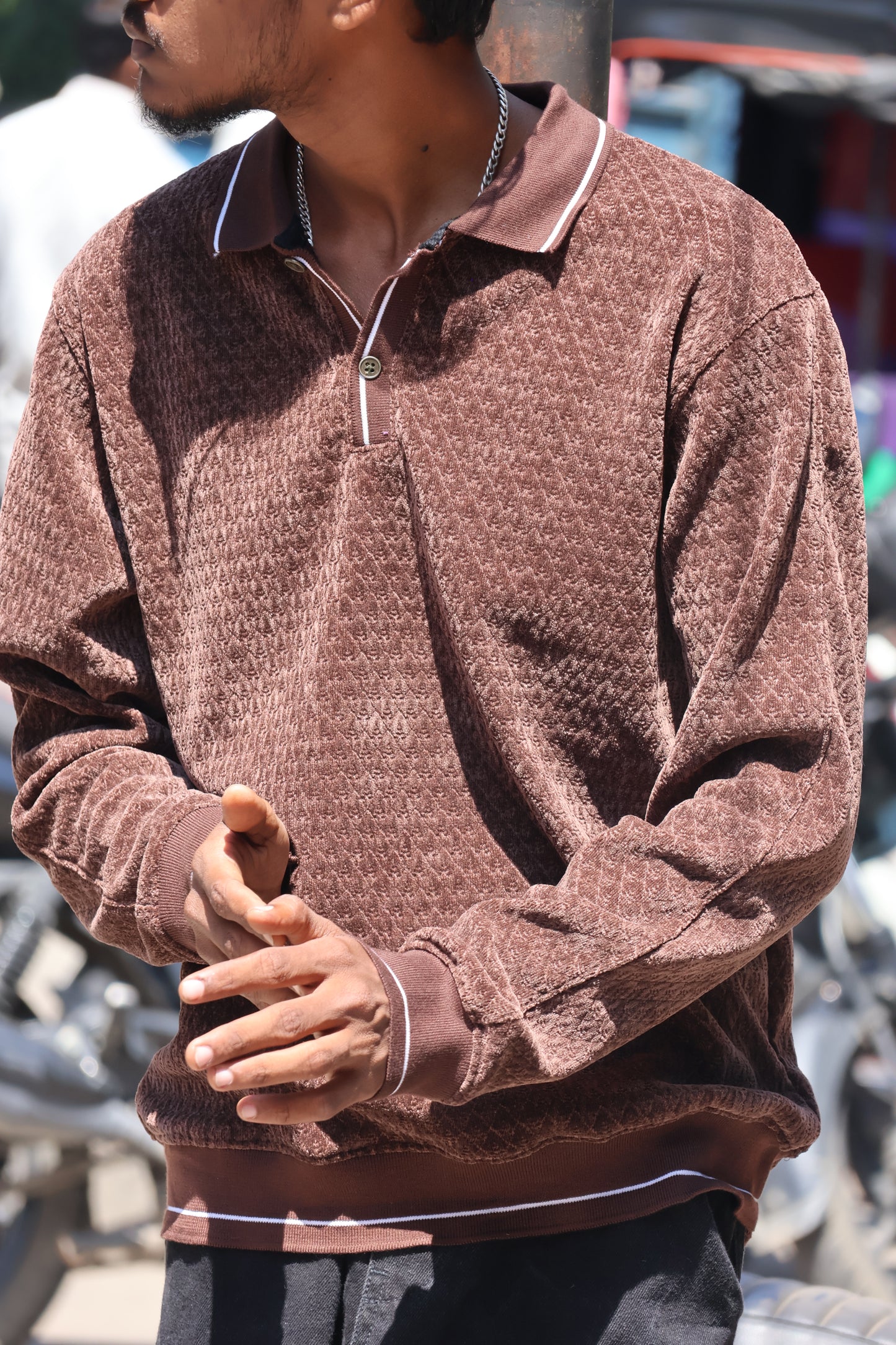 Brown Textured Polo Sweatshirt – Premium Casual Wear