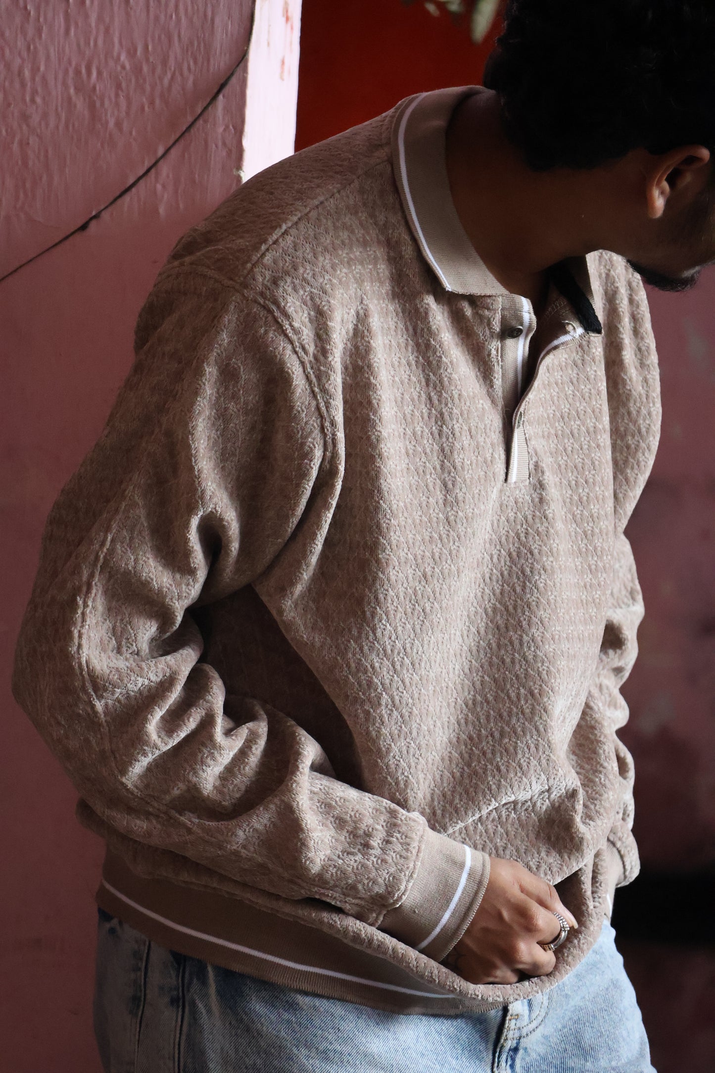 Vintage Taupe Textured Polo – Premium Long Sleeve Knit