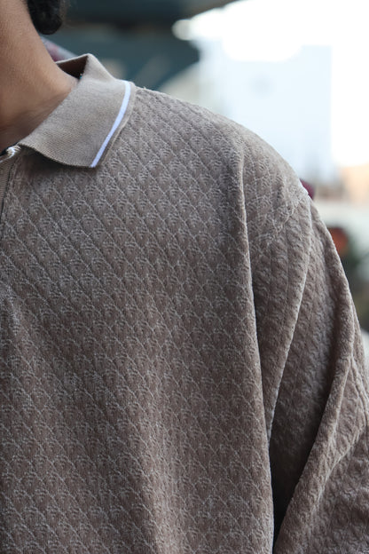 Vintage Taupe Textured Polo – Premium Long Sleeve Knit