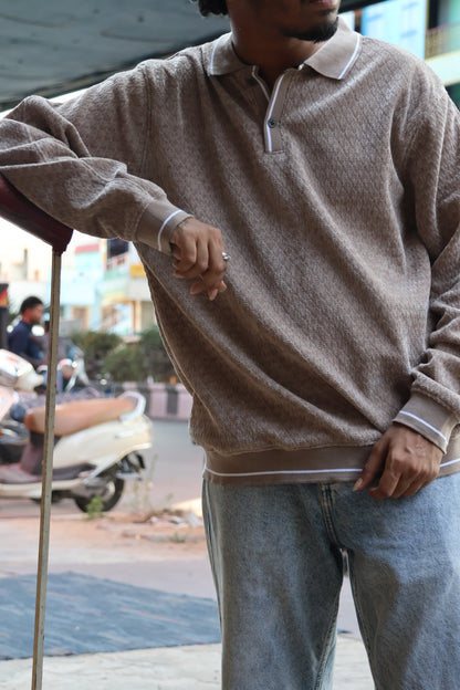 Vintage Taupe Textured Polo – Premium Long Sleeve Knit