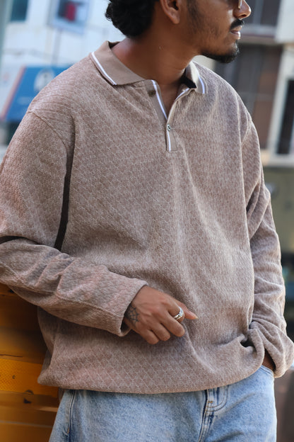 Vintage Taupe Textured Polo – Premium Long Sleeve Knit