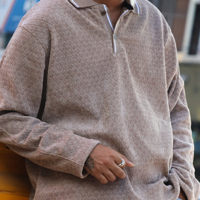 Vintage Taupe Textured Polo – Premium Long Sleeve Knit