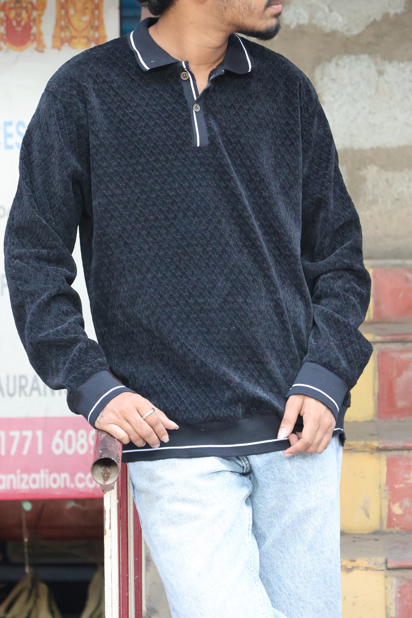 Diamond-Knit Heritage Polo – Premium Textured Long Sleeve