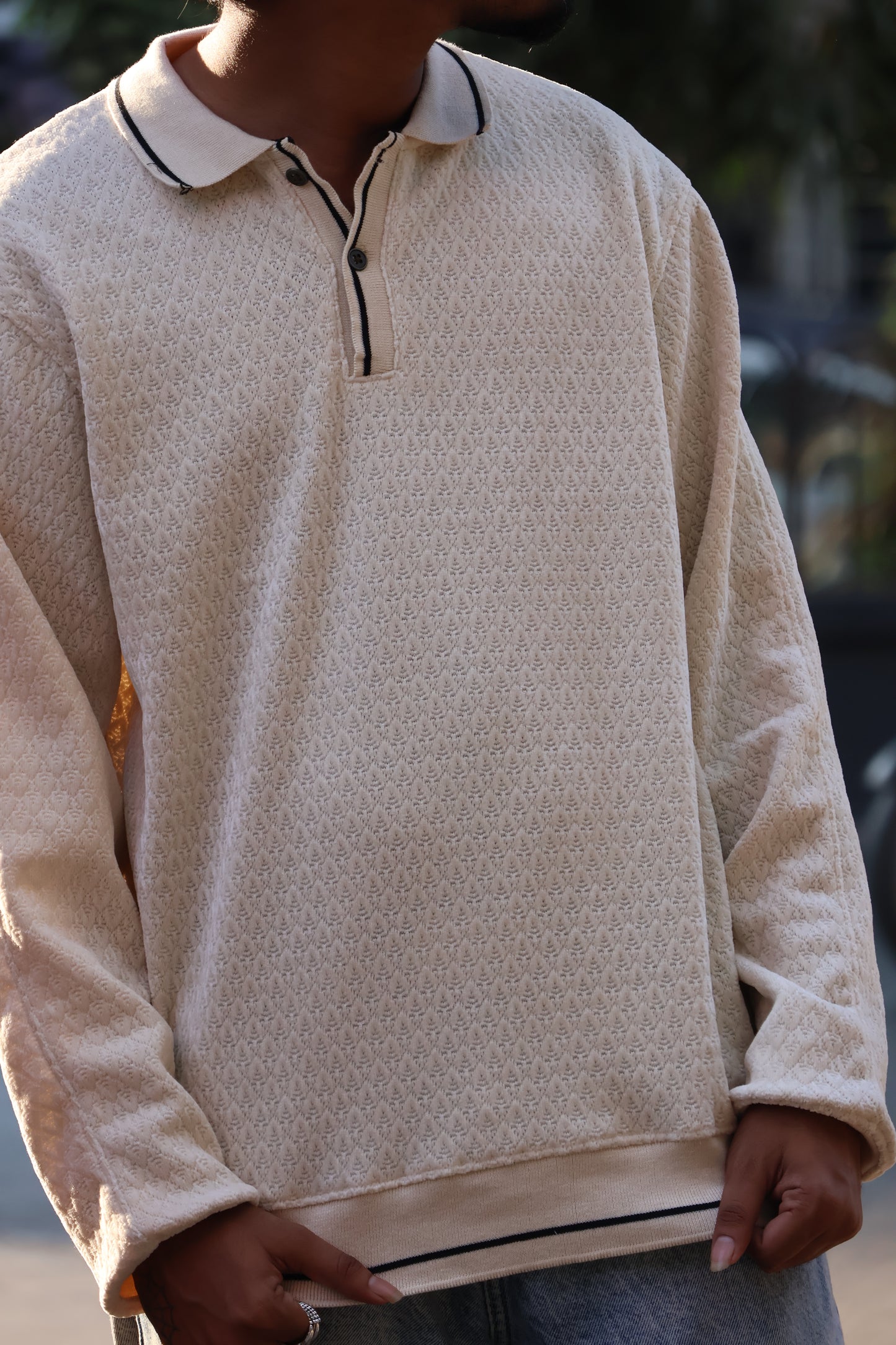 Textured Knit Oversized Polo – Cream/Sand