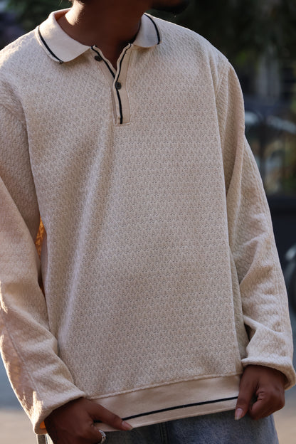 Textured Knit Oversized Polo – Cream/Sand