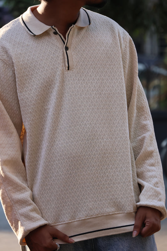 Textured Knit Oversized Polo – Cream/Sand
