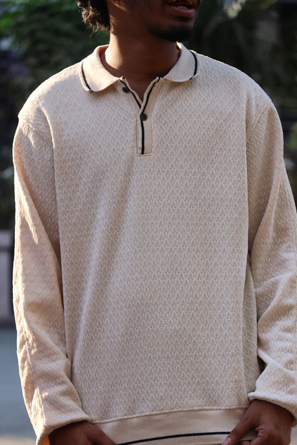 Textured Knit Oversized Polo – Cream/Sand