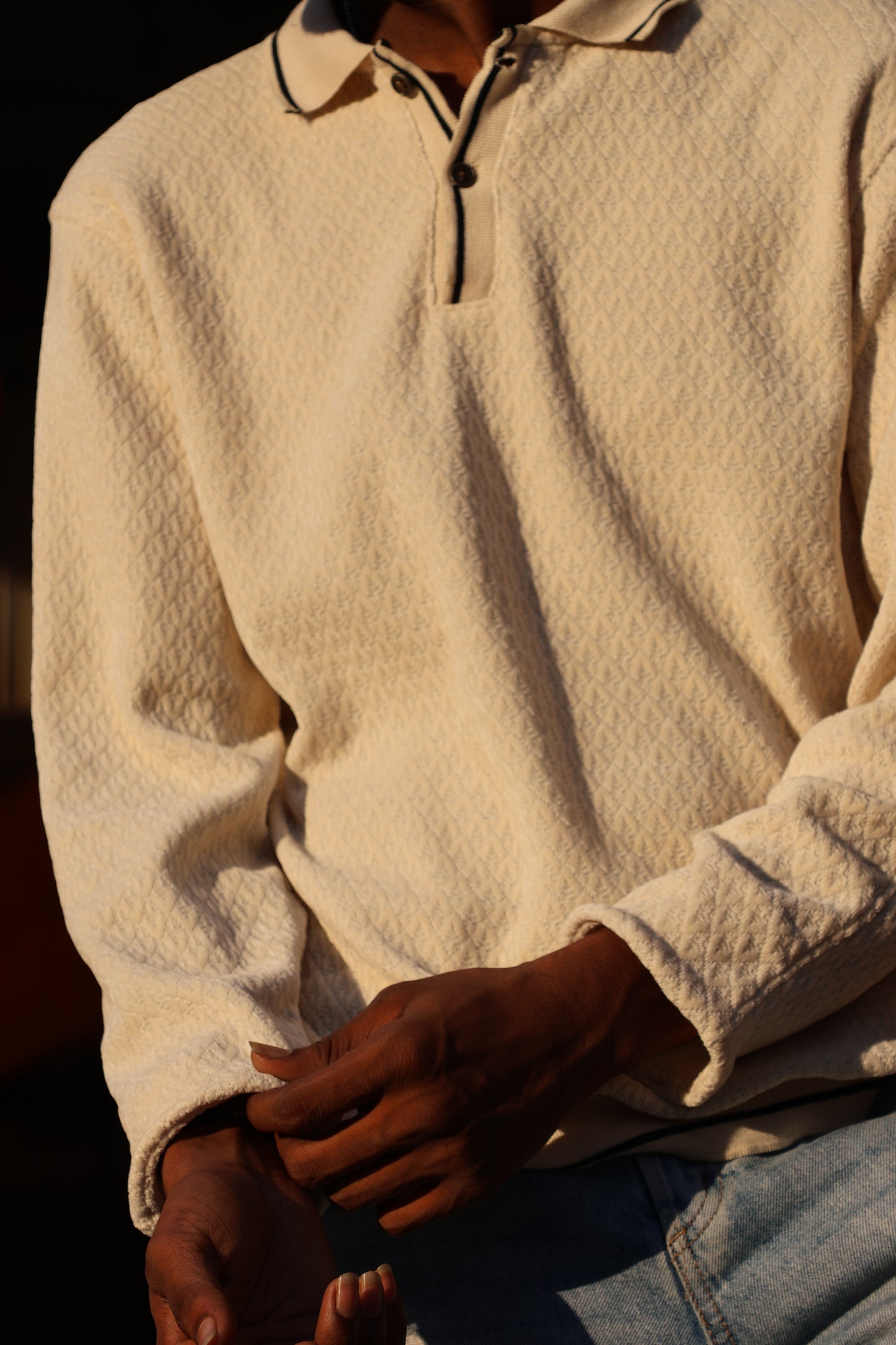 Textured Knit Oversized Polo – Cream/Sand