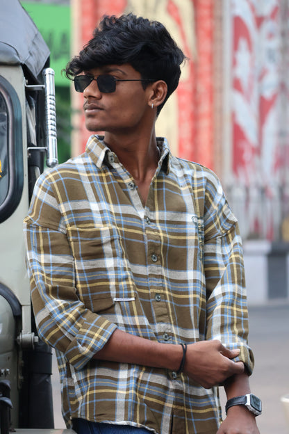 Urban Check Oversized Shirt – Olive & Blue