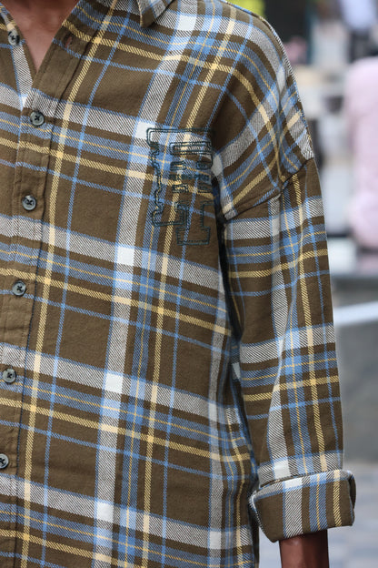 Urban Check Oversized Shirt – Olive & Blue