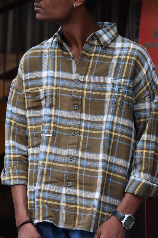 Urban Check Oversized Shirt – Olive & Blue