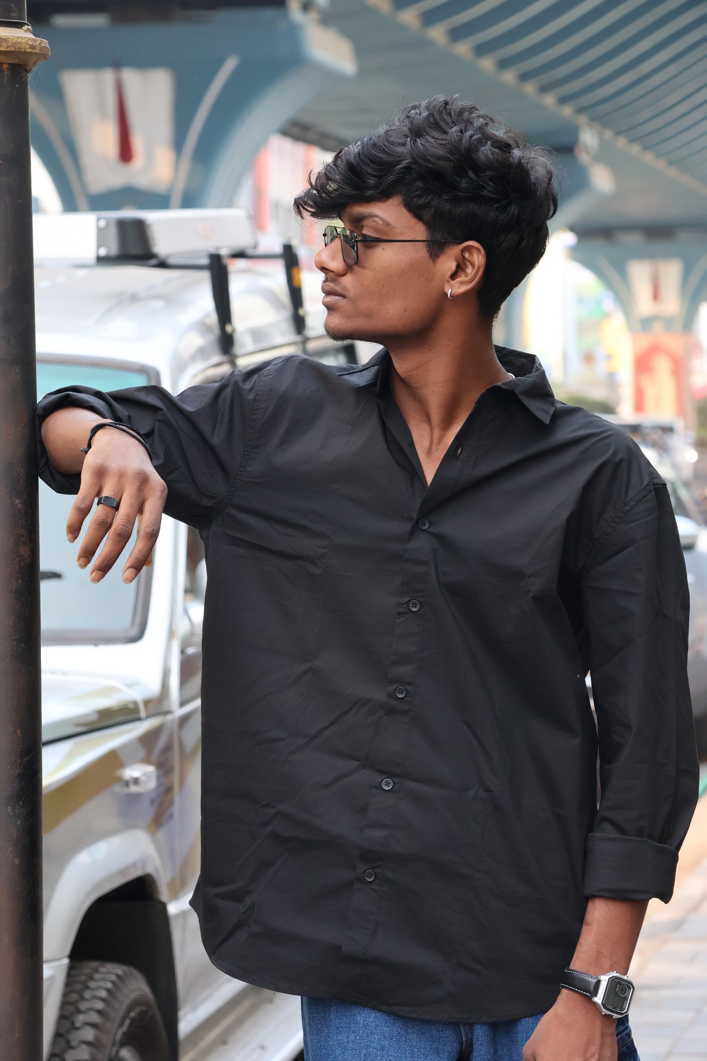 Midnight Black "Street Script" Oversized Button-Down